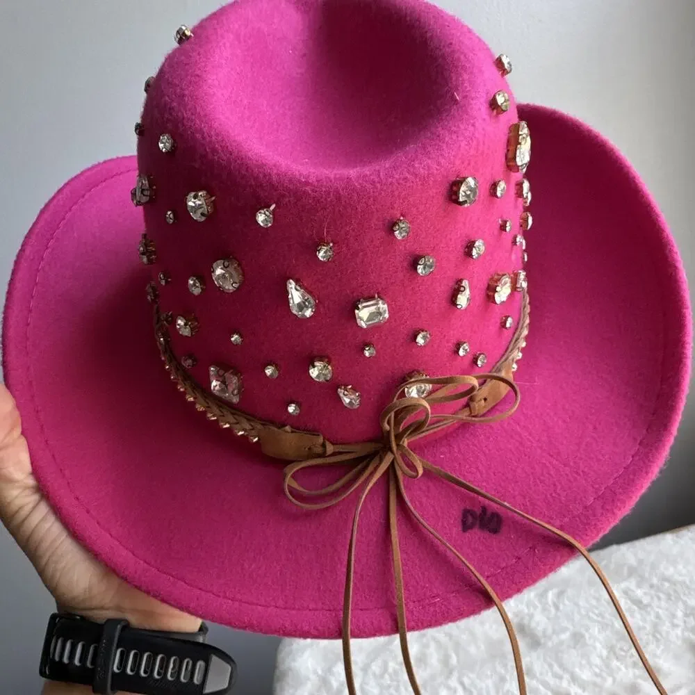 Pink Women's Cowboy Hat Rhinestone Accents Felt Polyester 57 cm Solid